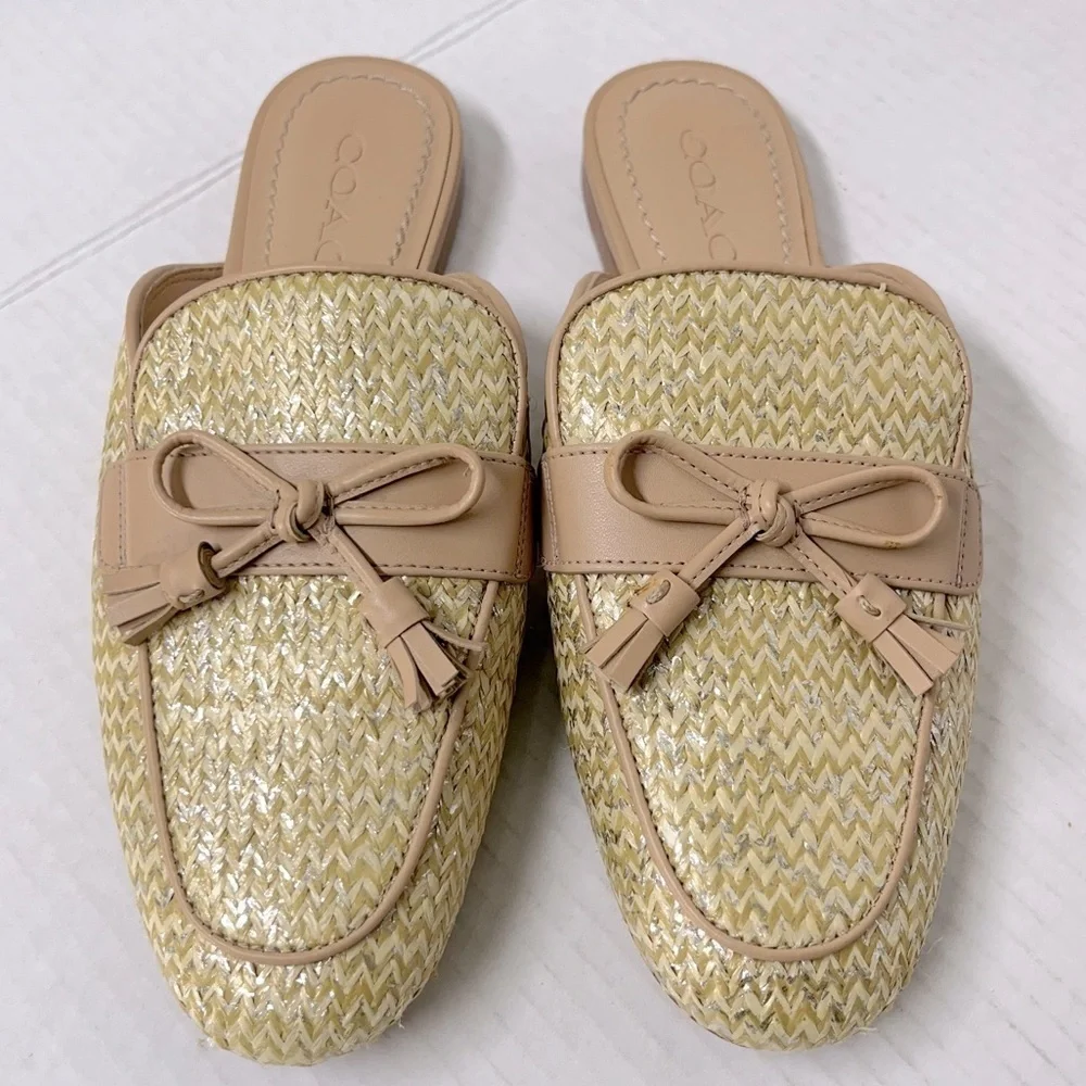 Coach stassi slides raffia woven straw mules closed toe size 6